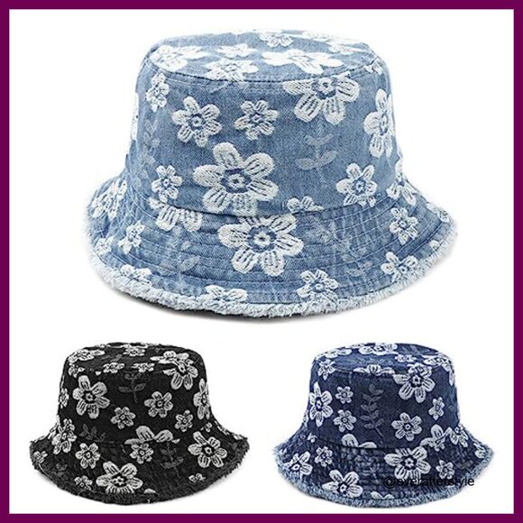 Vintage Cotton Denim Bucket Hat with Floral Embroidery and Pocket
